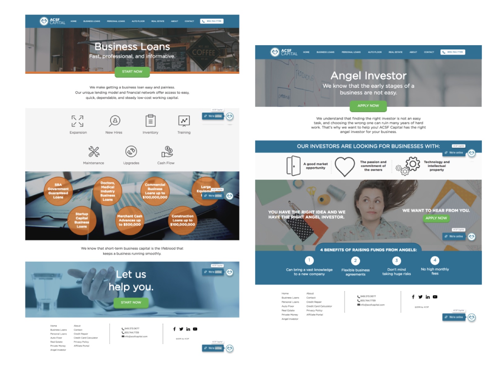 The Business Loans and Angel Investor landing pages of the new website