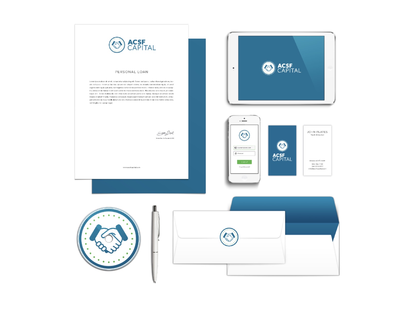 ACSF Capital stationery system: letterhead, tablet, phone, business cards, envelope, and branded pen