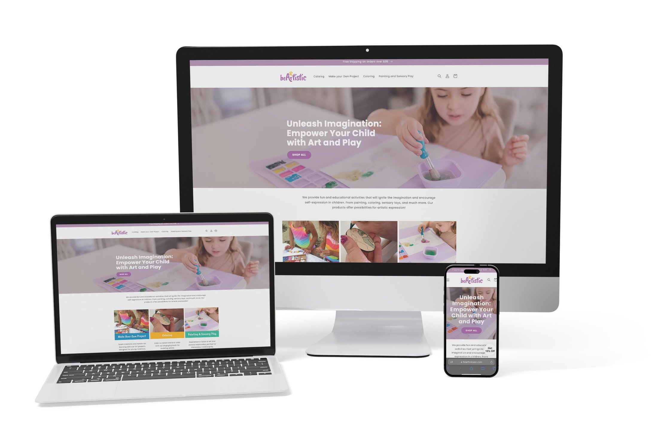 The beArtistic Shopify website shown on a laptop and phone