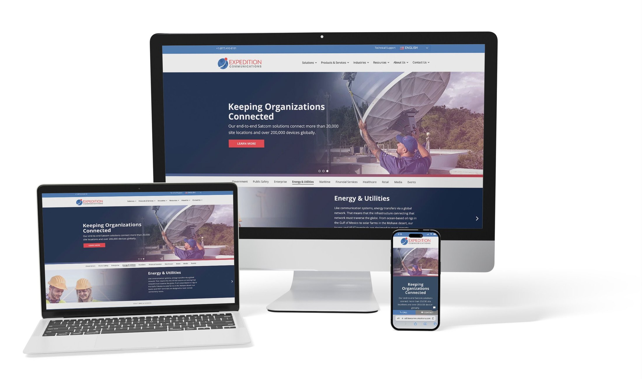 The rebuilt Expedition Communications website on desktop, laptop, tablet, and phone