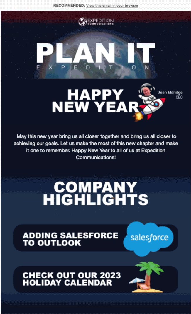 The Plan It internal newsletter, Happy New Year edition