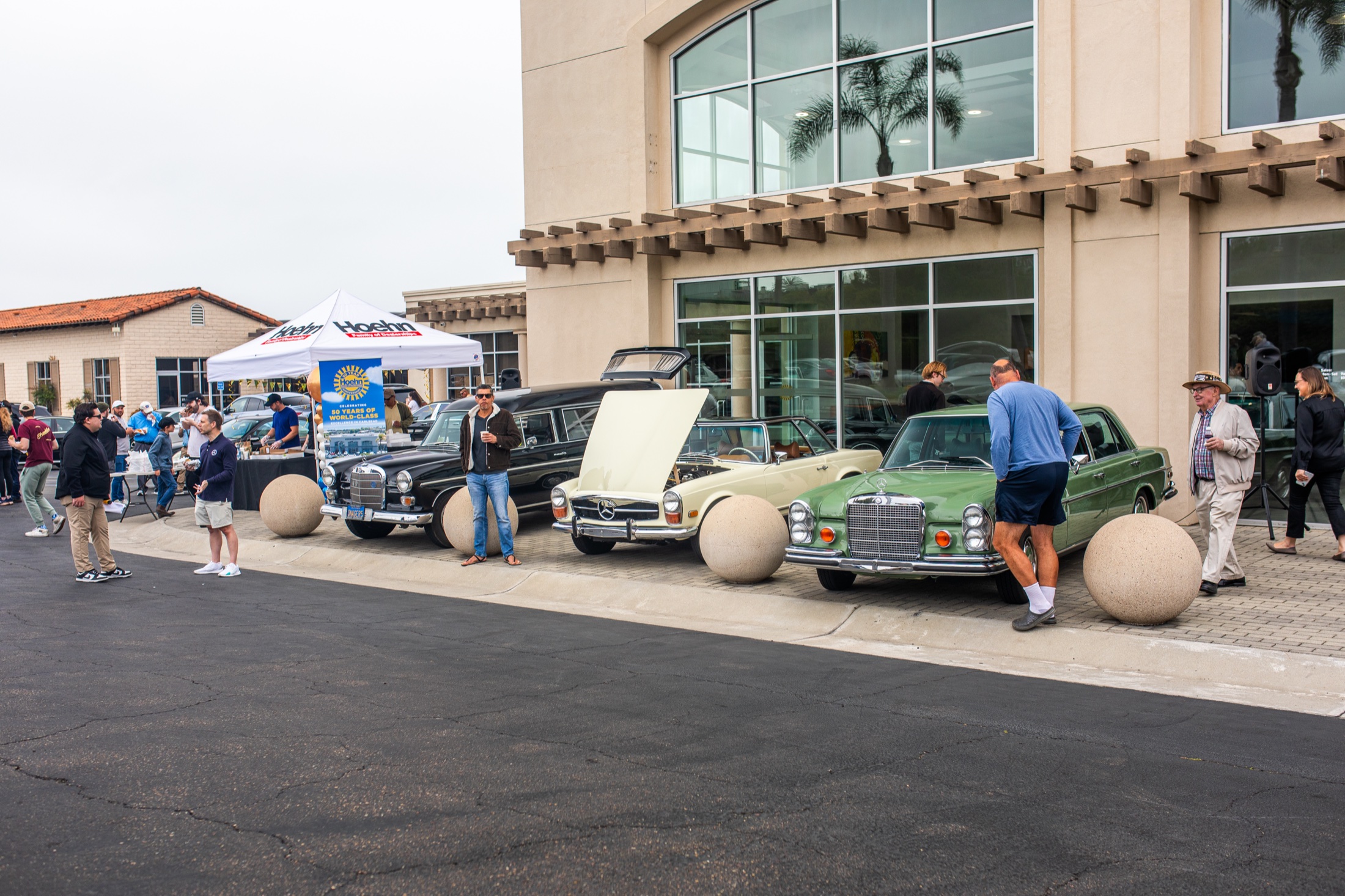 Classic cars on display at the anniversary Cars and Coffee