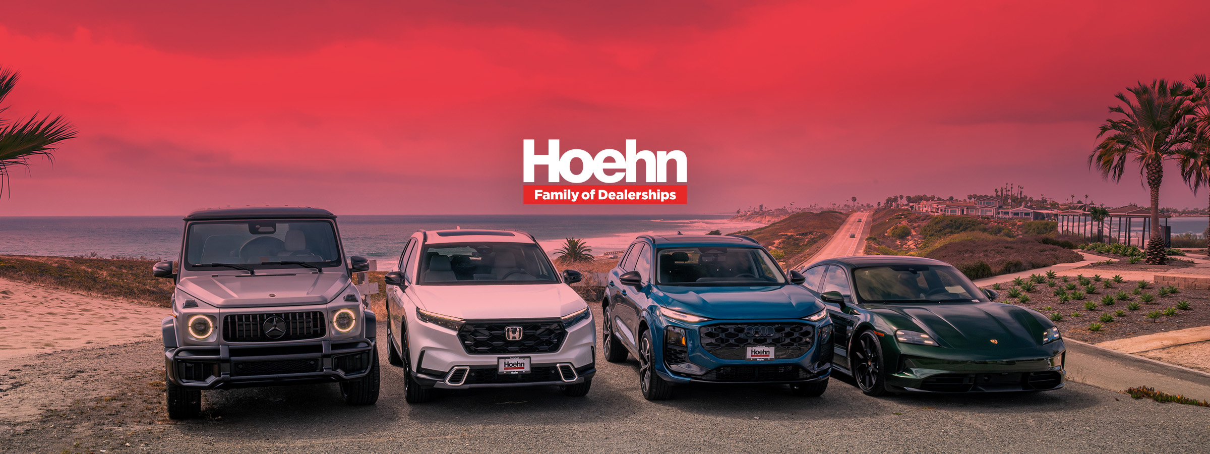 Hoehn Family of Dealerships: a Mercedes-Benz G-Class, Honda CR-V, Audi, and Porsche Taycan lined up above the coast in Carlsbad
